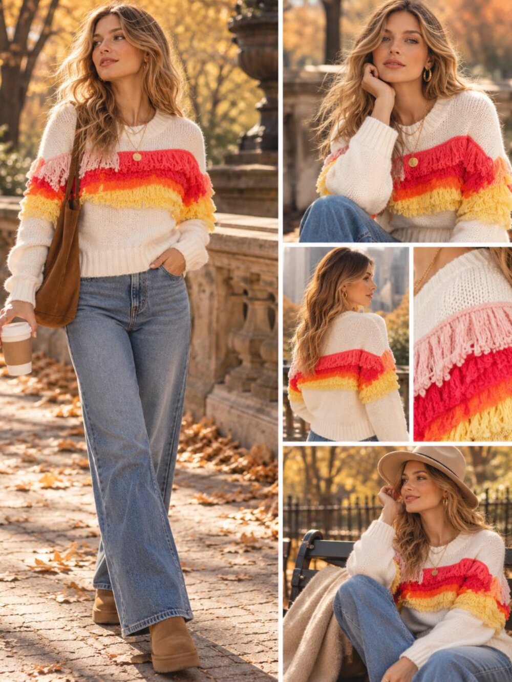 Chunky Fun Quirky Novelty Fringe Pullover Knit Sweater White Orange Women Size L